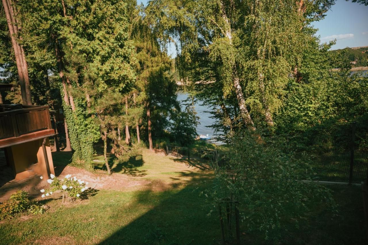 Ogród schodzący między drzewami do brzegu jeziora